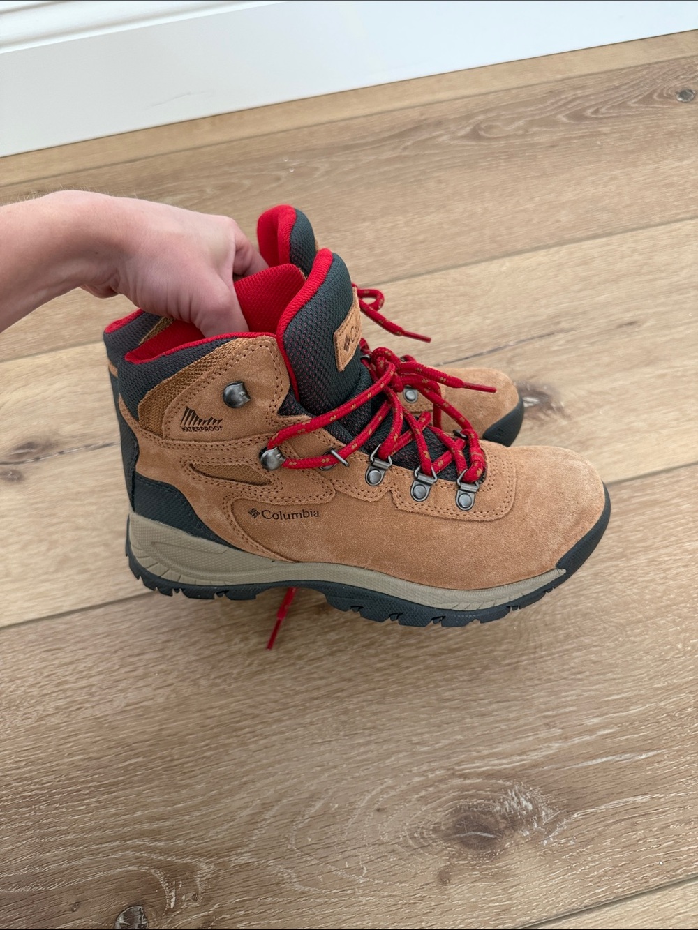Columbia Kids Brown Suede Hiking Boots with Red Details